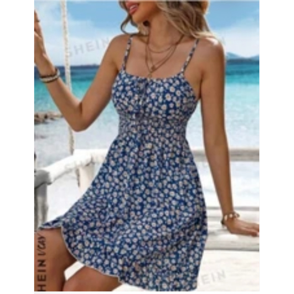 SHEIN VCAY Vacation Beach Mini Floral Printed Pleated Cami Dress Size XS